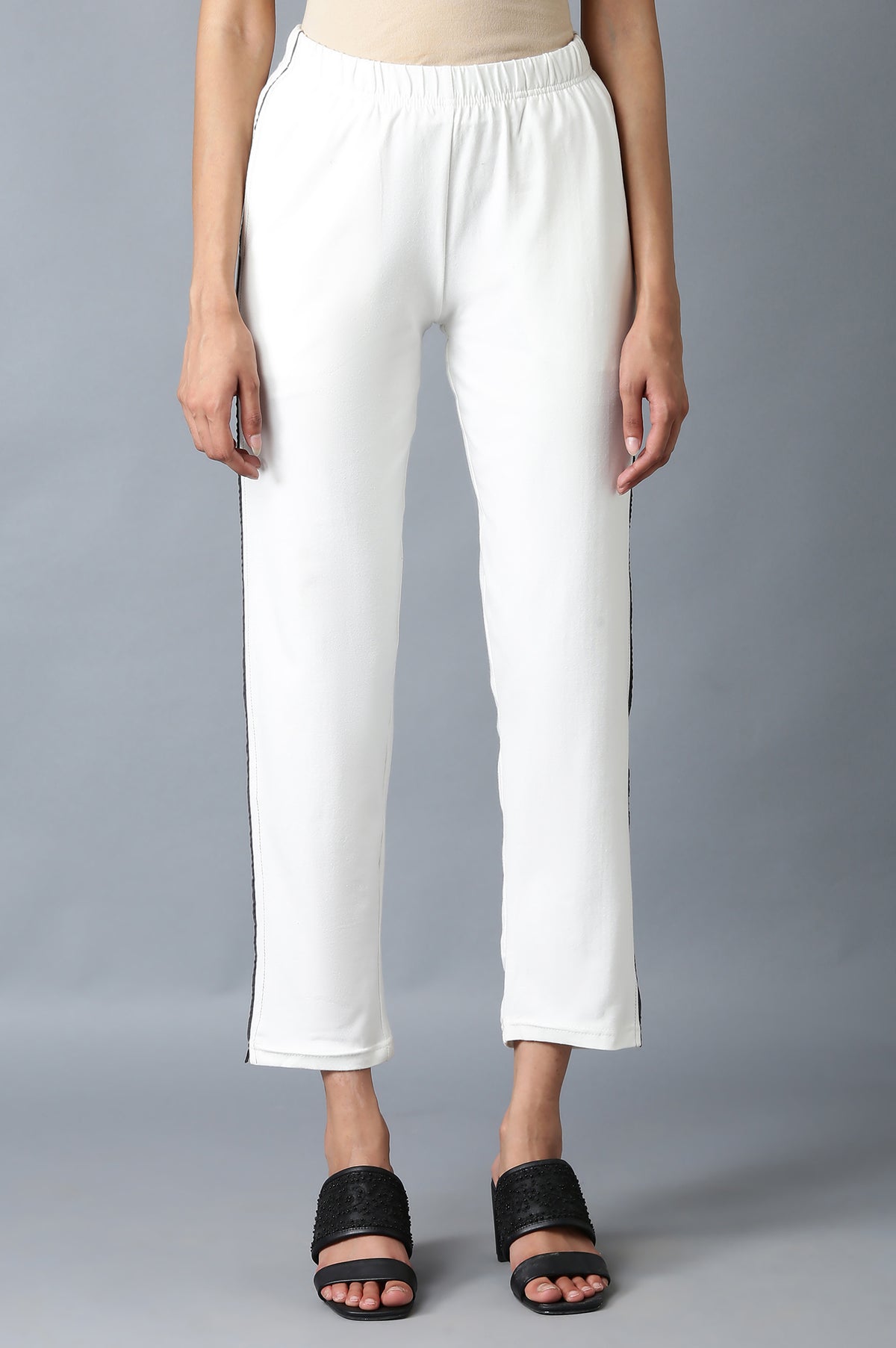 Elleven Women's White Solid Straight Fit Cotton Pants With Elasticated Waistband - S