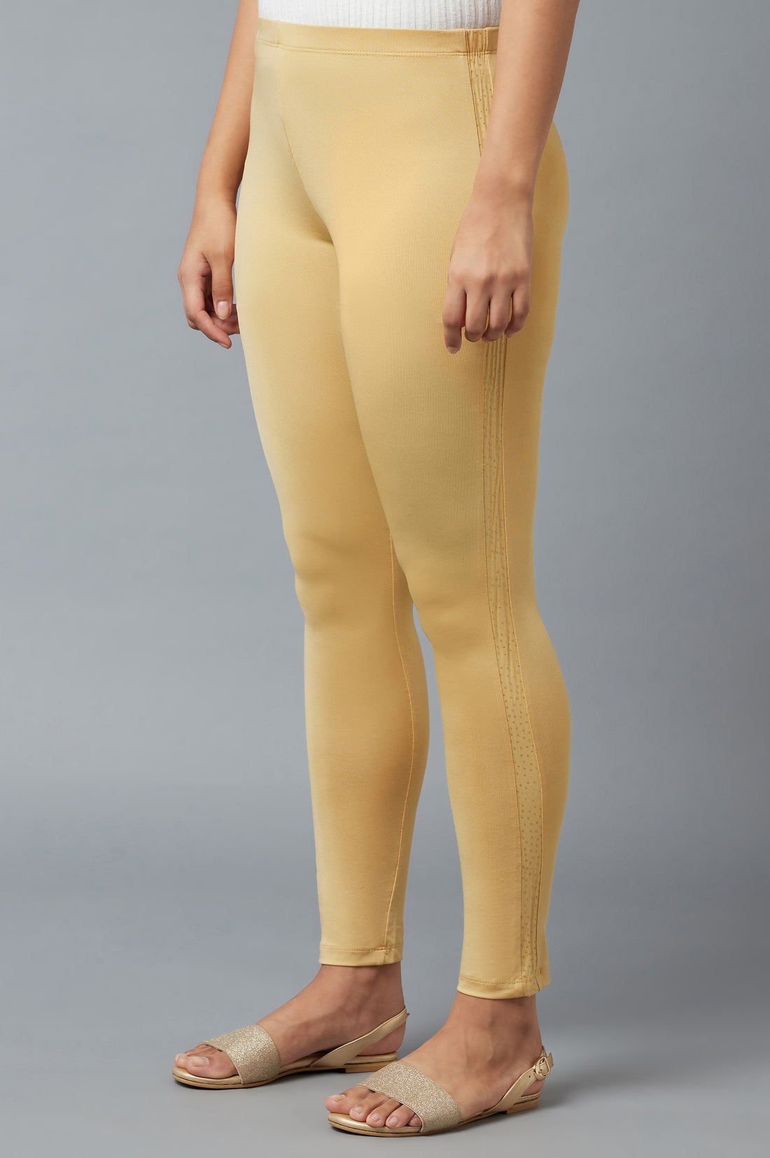 Gold Solid Skinny Poly Lycra Tights With Elasticated Waist