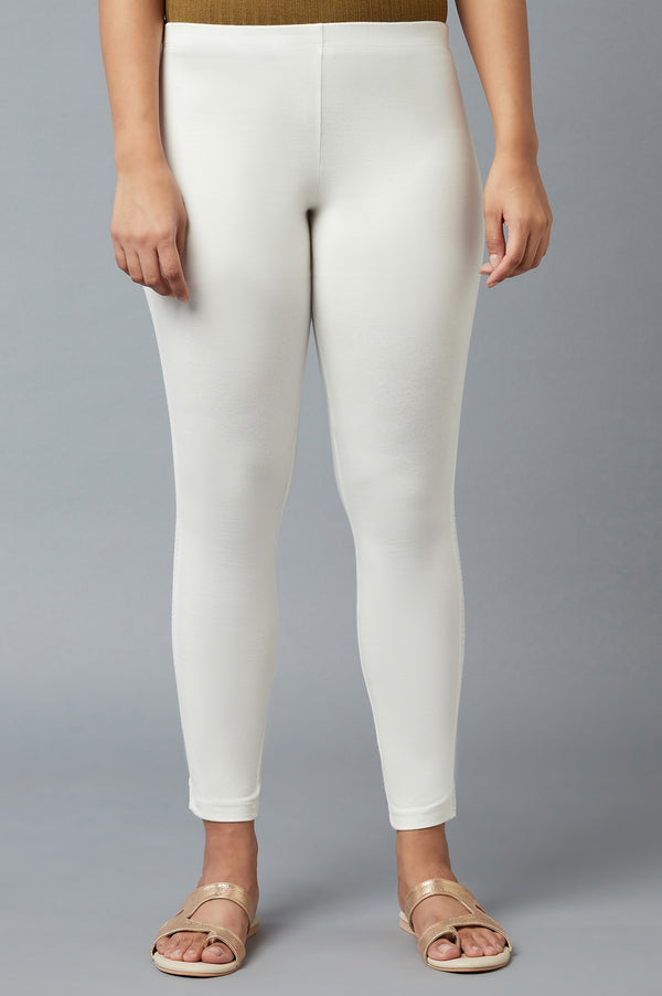 White Solid Skinny Fit Cotton Tights With Elasticated Waist