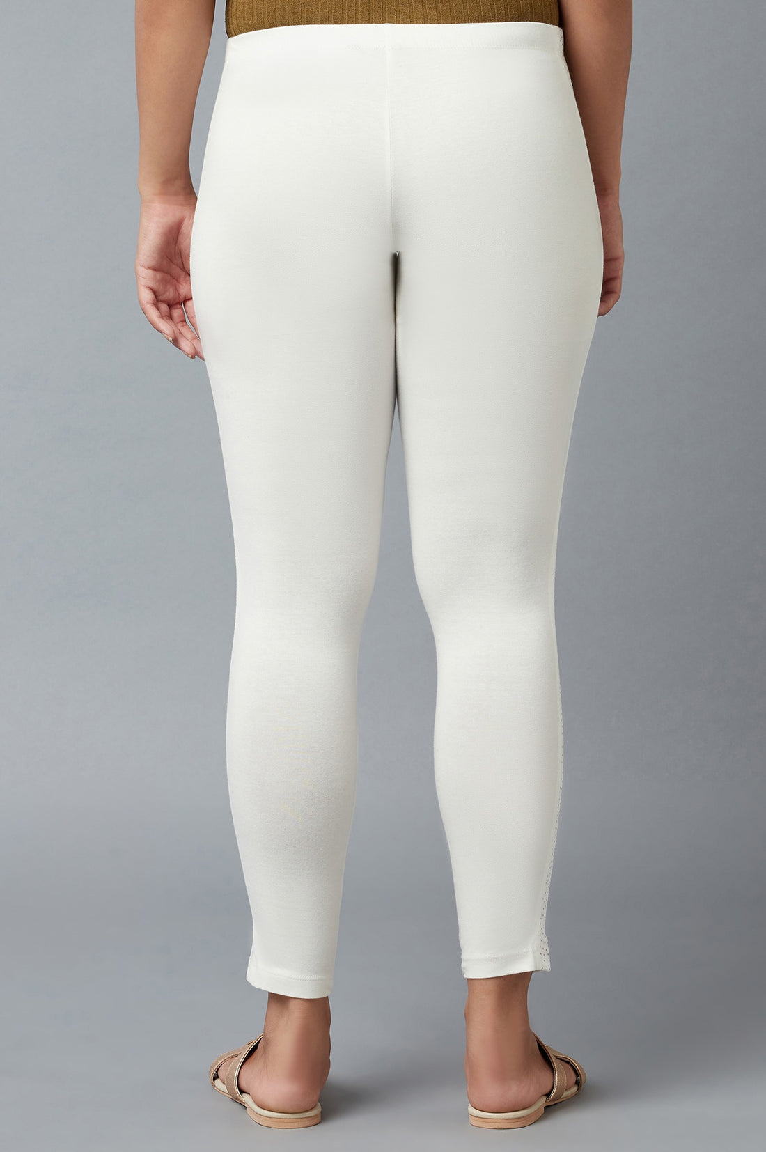 White Solid Skinny Fit Cotton Tights With Elasticated Waist