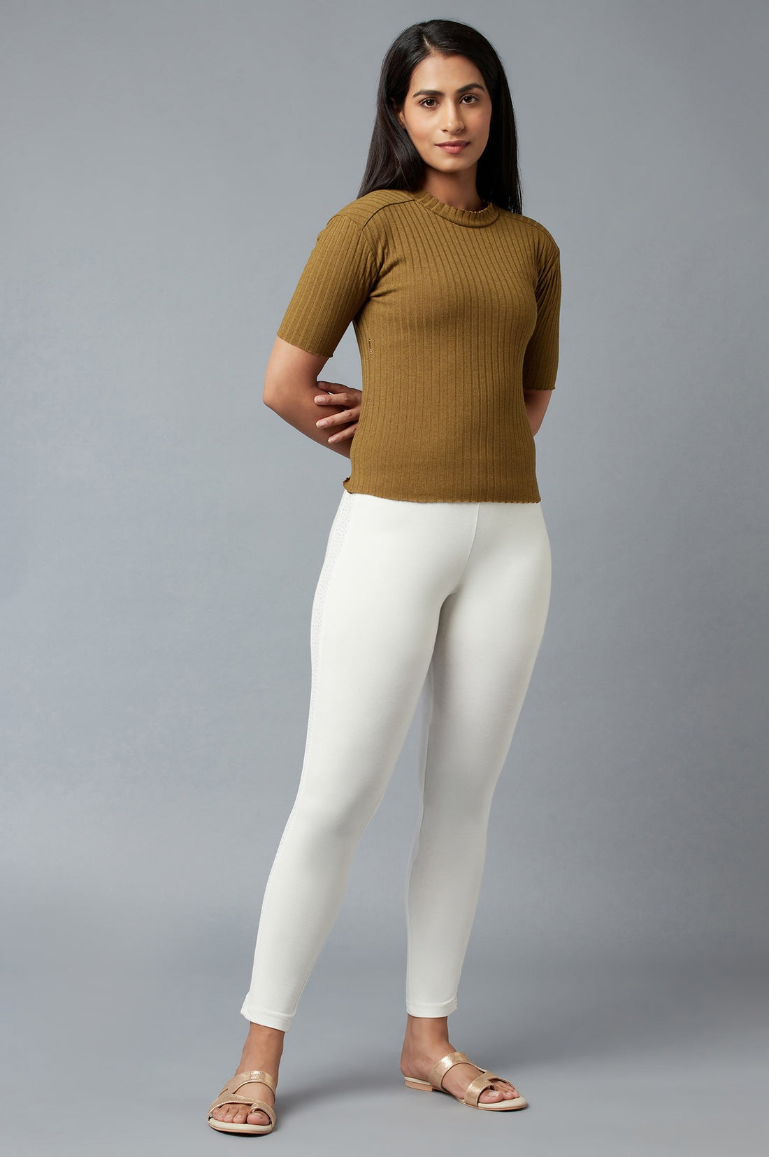 White Solid Skinny Fit Cotton Tights With Elasticated Waist