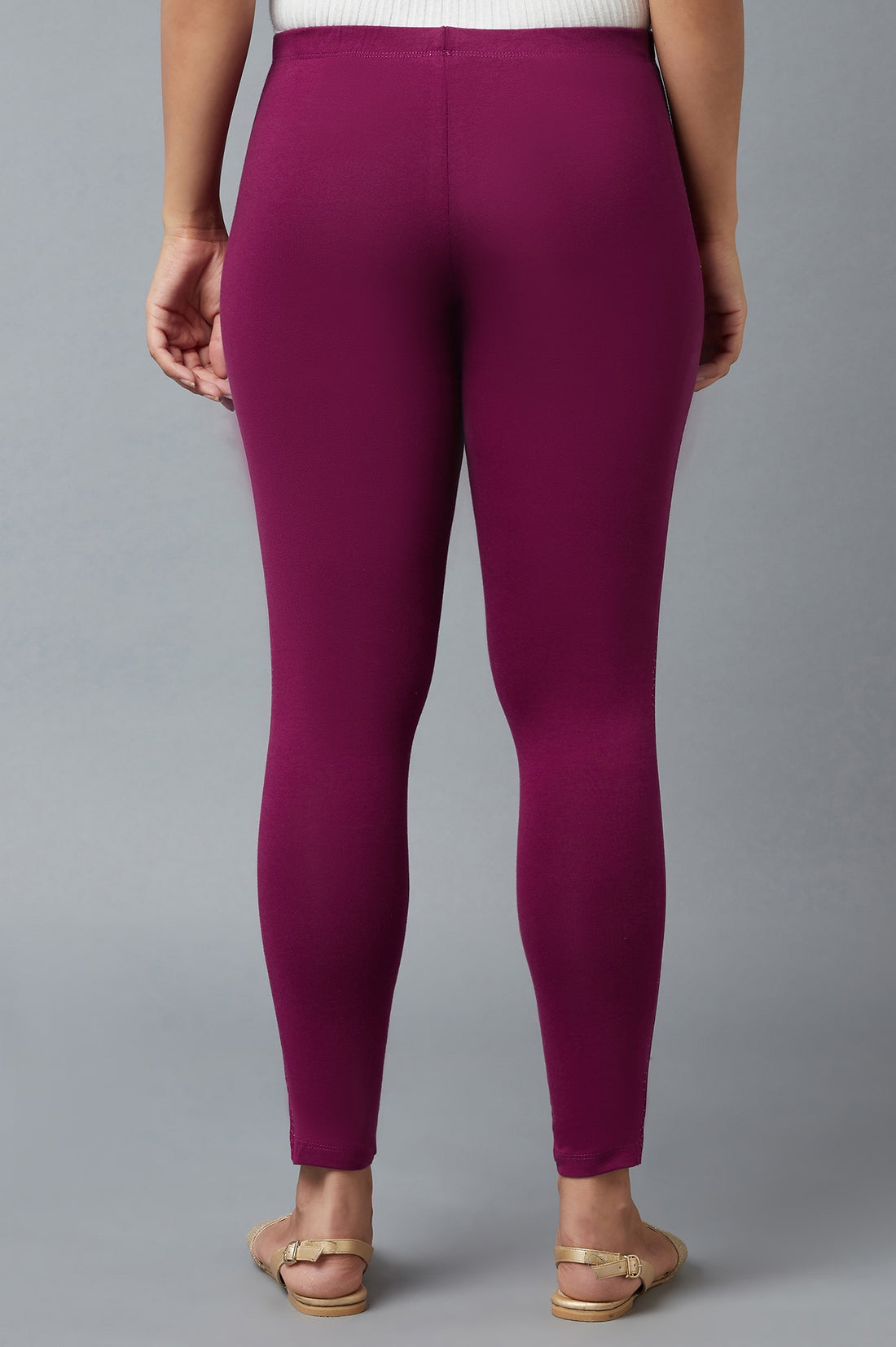 Purple Solid Skinny Fit Cotton Tights With Elasticated Waist