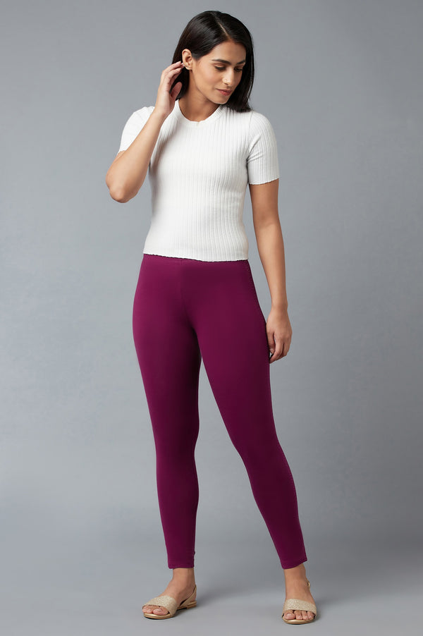 Purple Solid Skinny Fit Cotton Tights With Elasticated Waist