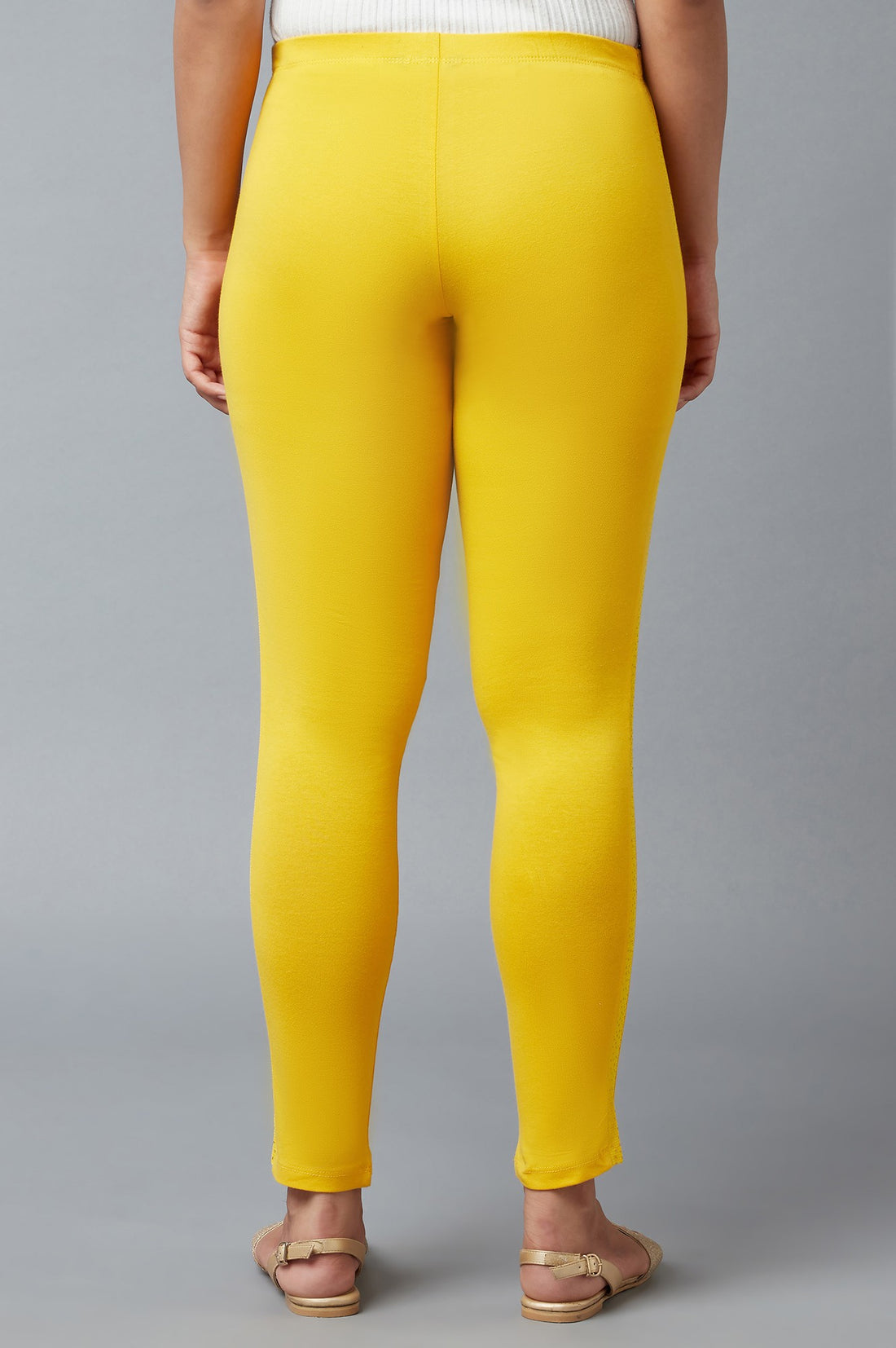Yellow Solid Skinny Fit Cotton Tights With Elasticated Waist