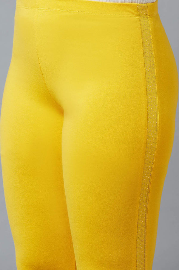 Yellow Solid Skinny Fit Cotton Tights With Elasticated Waist
