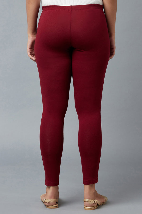 Maroon Solid Skinny Fit Cotton Tights With Elasticated Waistband