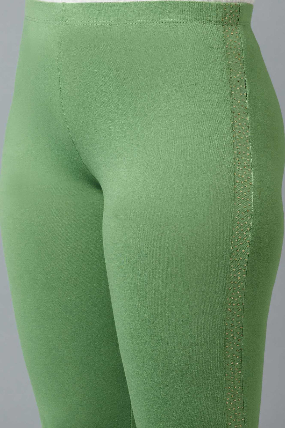 Green Solid Skinny Cotton Tights With Elasticated Waist