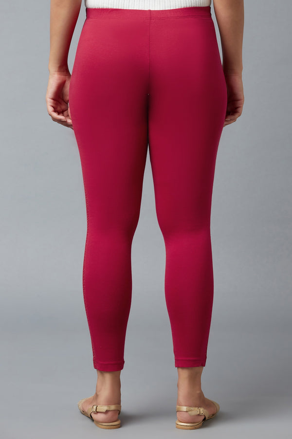 Red Solid Skinny Cotton Tights With Elasticated Waist