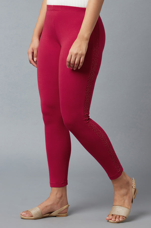 Red Solid Skinny Cotton Tights With Elasticated Waist