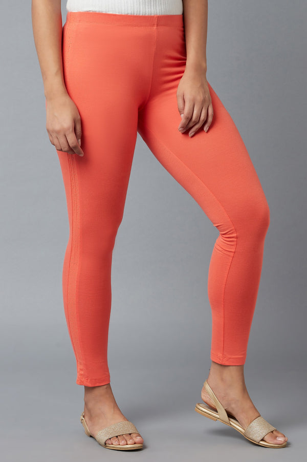 Peach Solid Skinny Fit Cotton Tights With Elasticated Waist