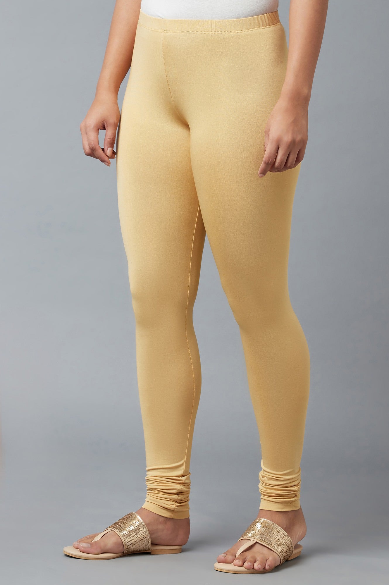 Women Gold Ankle Length Poly Lycra Churidar