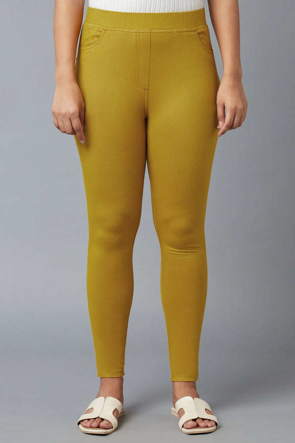 Yellow Solid Skinny Fit Cotton Jeggings With Elasticated Waist