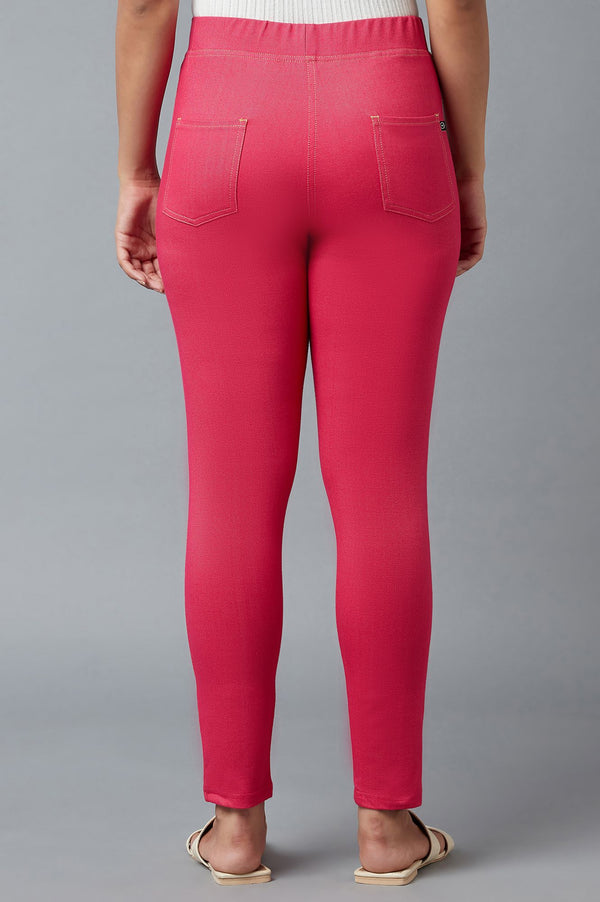 Pink Solid Skinny Fit Cotton Jeggings With Elasticated Waist