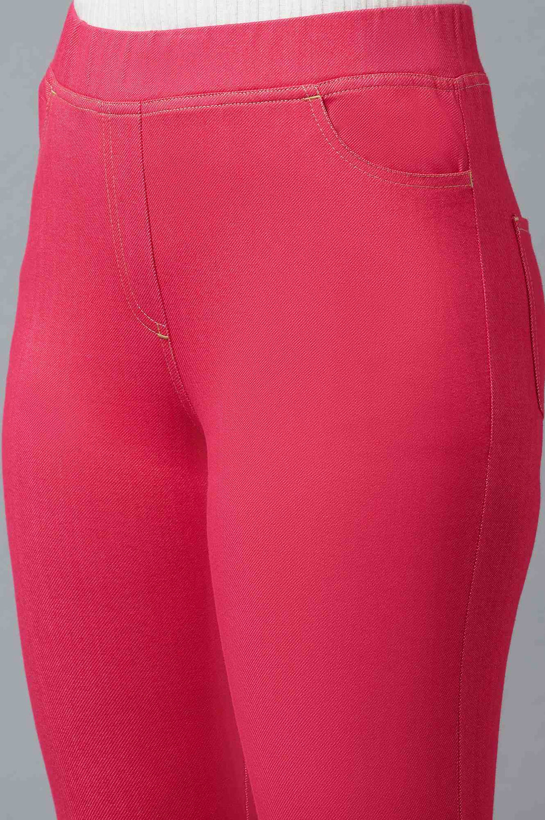 Pink Solid Skinny Fit Cotton Jeggings With Elasticated Waist