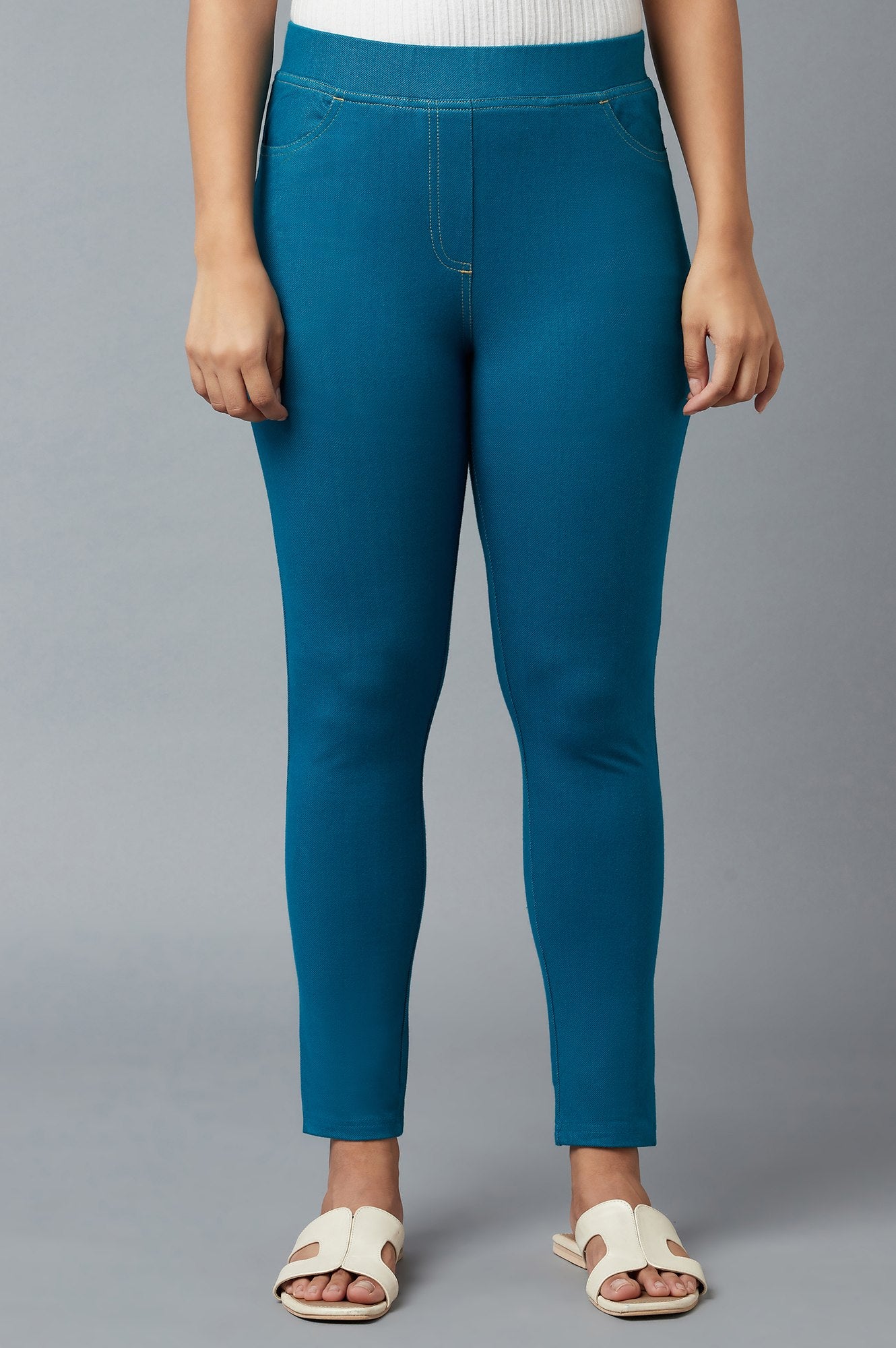 Blue Yarn-Dyed Knitted Jeggings