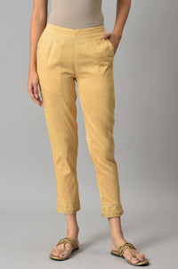 Gold Floral Embroidered Straight Fit Woven Pants With Elasticated Waist
