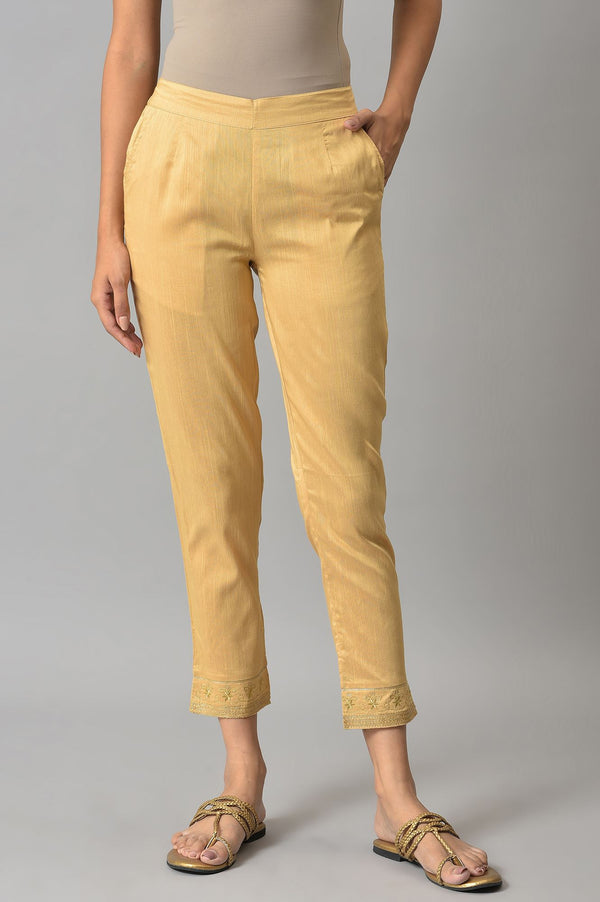 Gold Floral Embroidered Straight Fit Woven Pants With Elasticated Waist