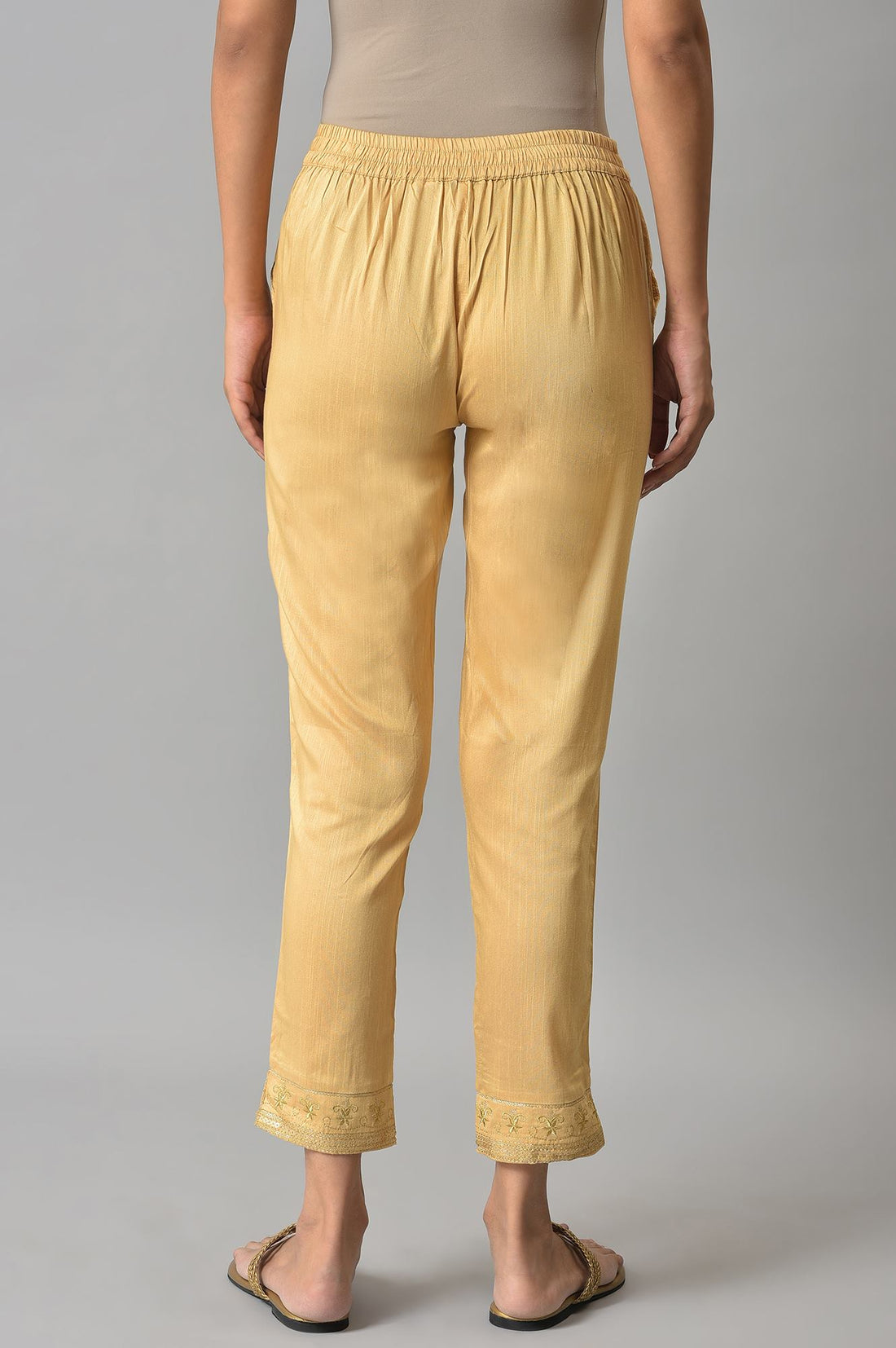 Gold Floral Embroidered Straight Fit Woven Pants With Elasticated Waist