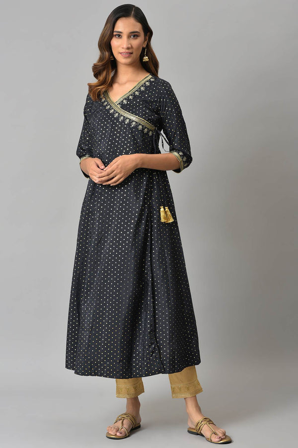 Gold Floral Embroidered Straight Fit Woven Pants With Elasticated Waist