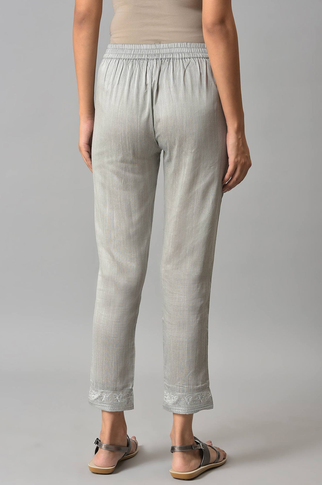 Grey Floral Embroidered Straight Fit Woven Pants With Elasticated Waist