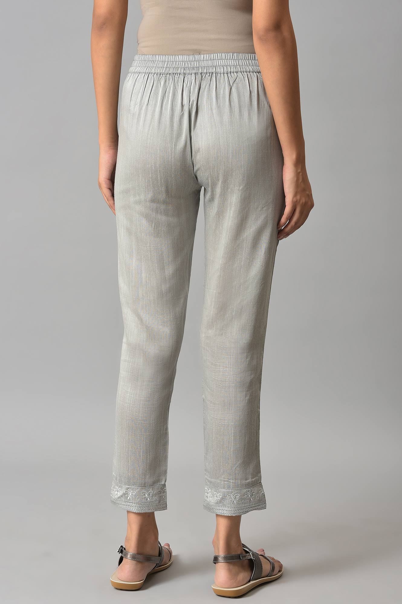 Grey Yarn-Dyed Gathered Trouser Pants