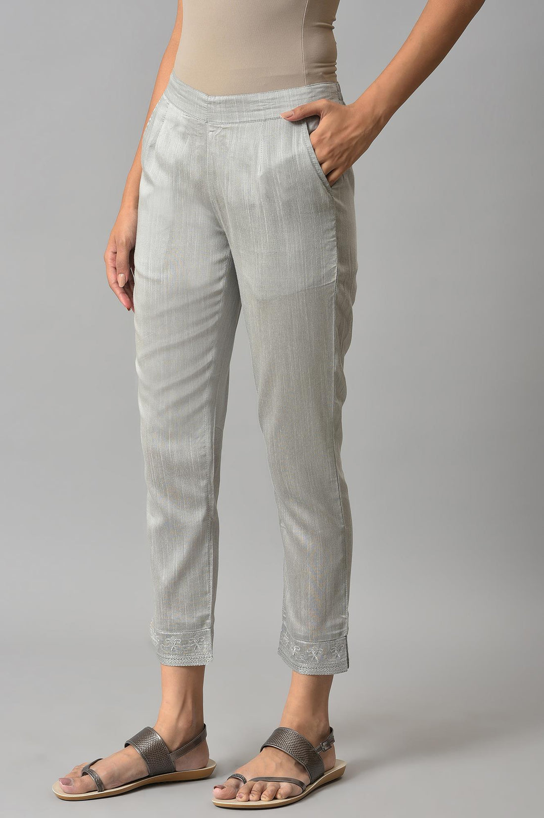 Grey Floral Embroidered Straight Fit Woven Pants With Elasticated Waist