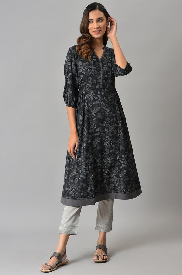 Grey Floral Embroidered Straight Fit Woven Pants With Elasticated Waist