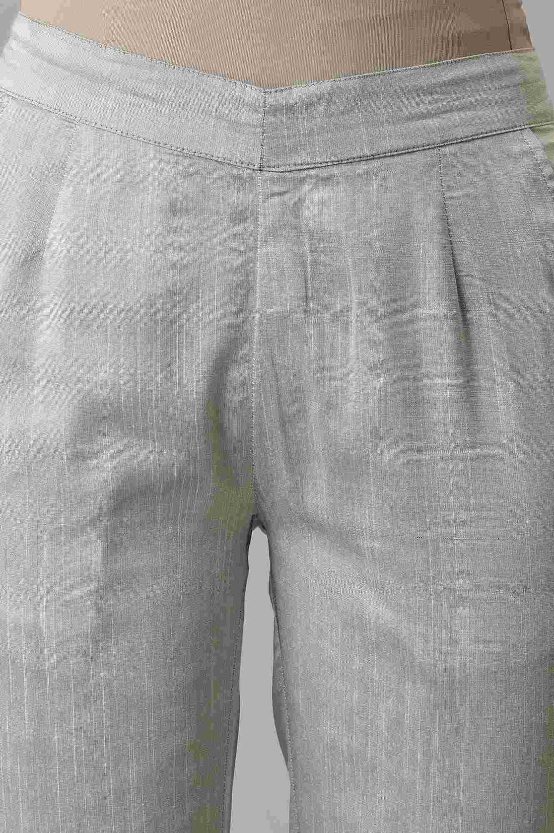 Grey Floral Embroidered Straight Fit Woven Pants With Elasticated Waist