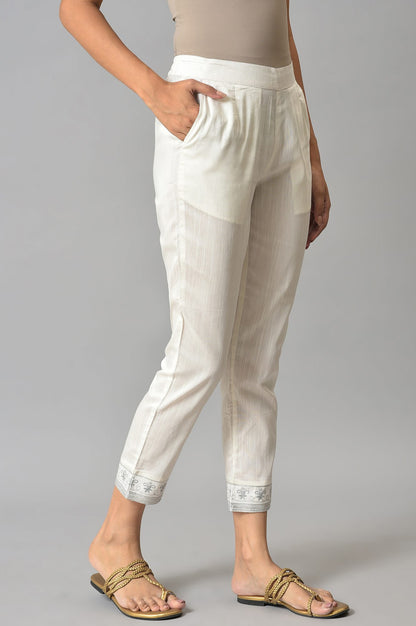 White Yarn-Dyed Gathered Trouser Pants