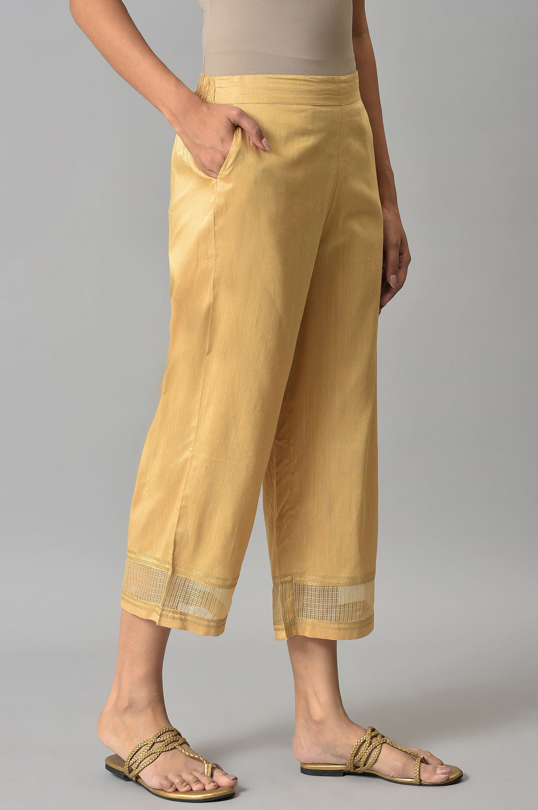 Gold Solid Straight Fit Culottes With Elasticated Waistband