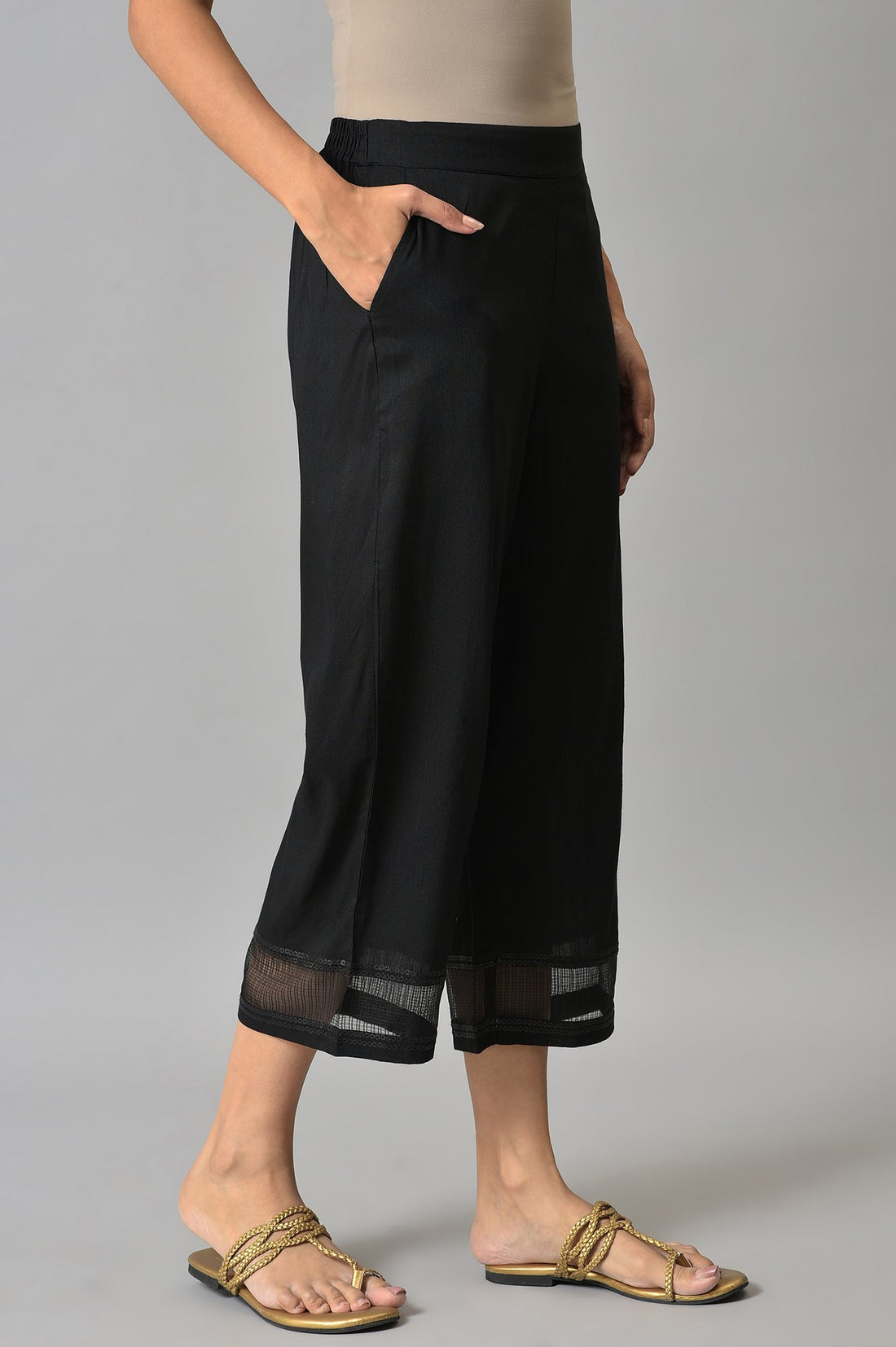 Black Solid Straight Fit Culottes With Sheer Hem Detail