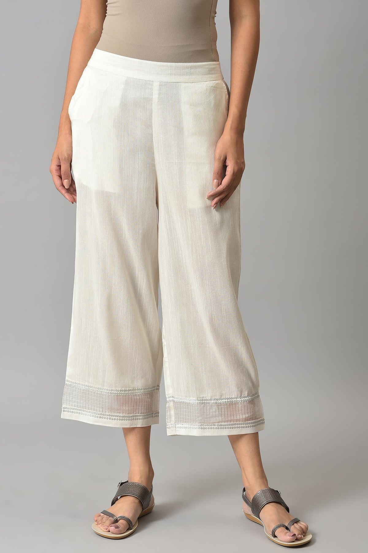 Elleven Women's Off White Solid Wide-leg Cotton Culottes with Sheer Hem Detail - L