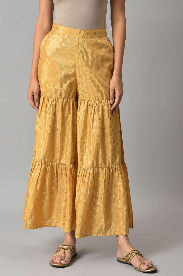 Gold Floral Printed Flared Silk Palazzo With Elasticated Waist