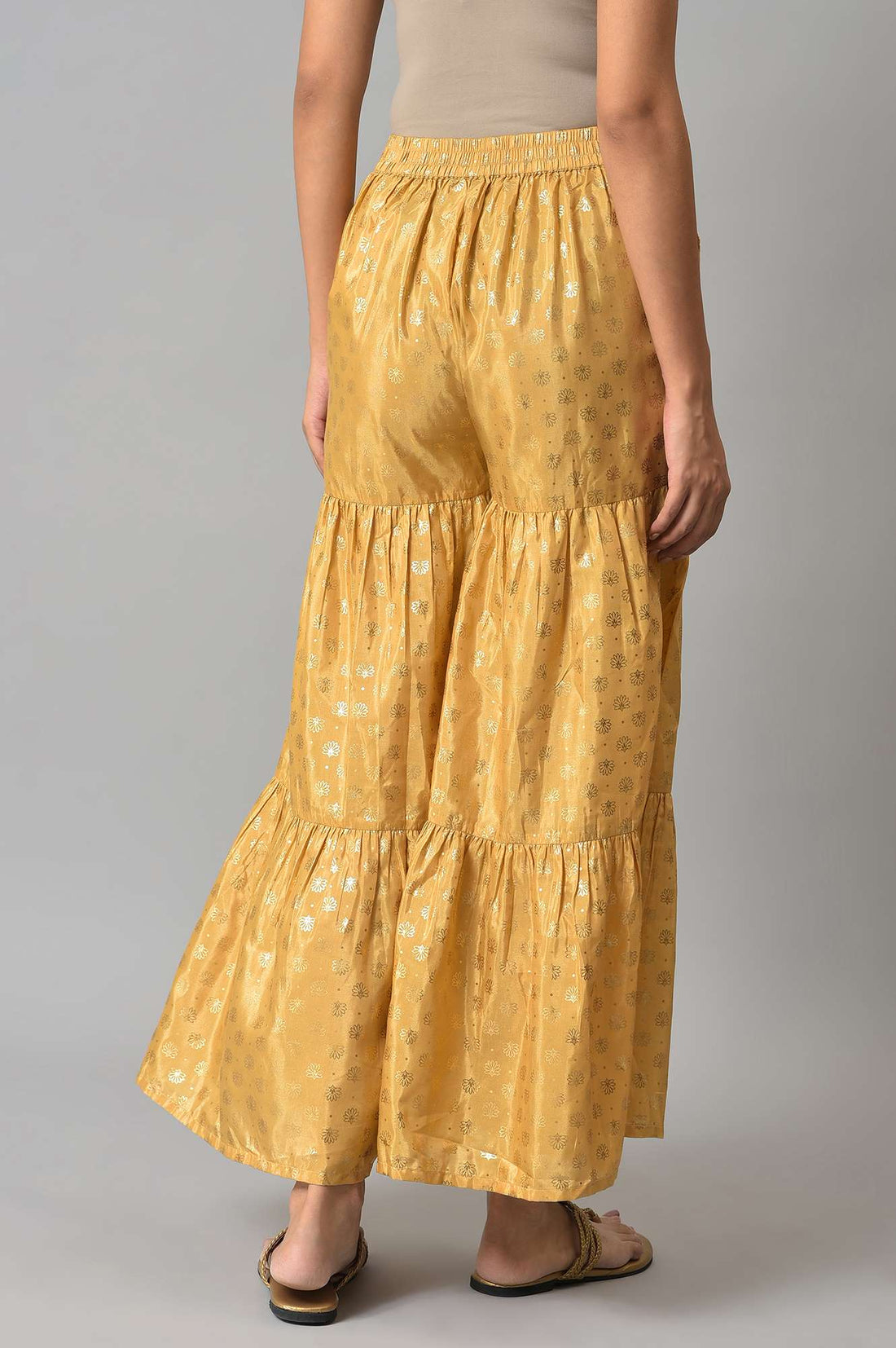Gold Floral Printed Flared Silk Palazzo With Elasticated Waist