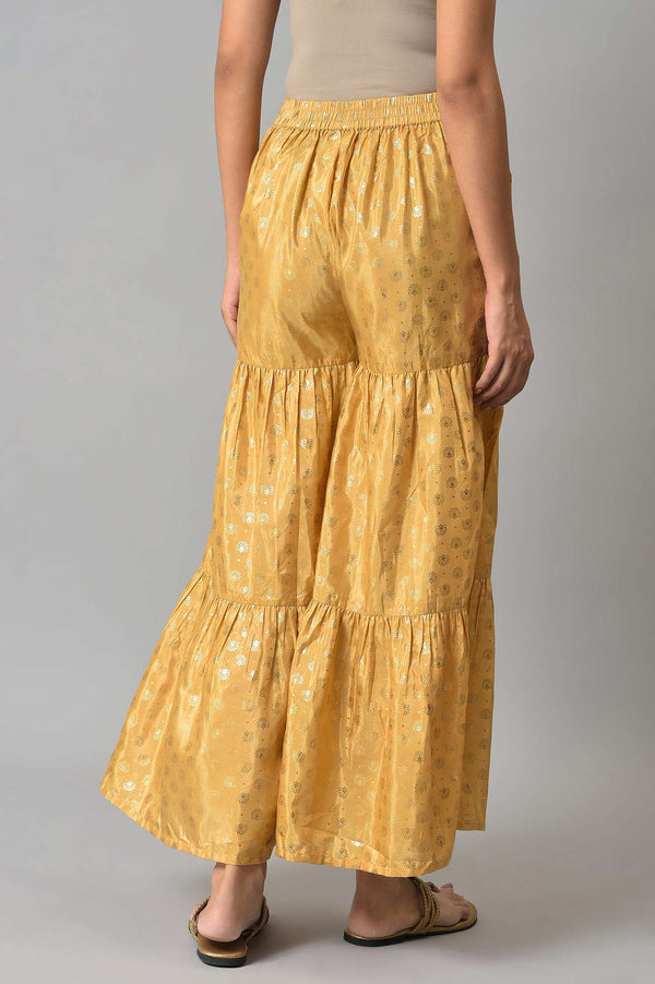 Gold Floral Printed Flared Silk Palazzo With Elasticated Waist