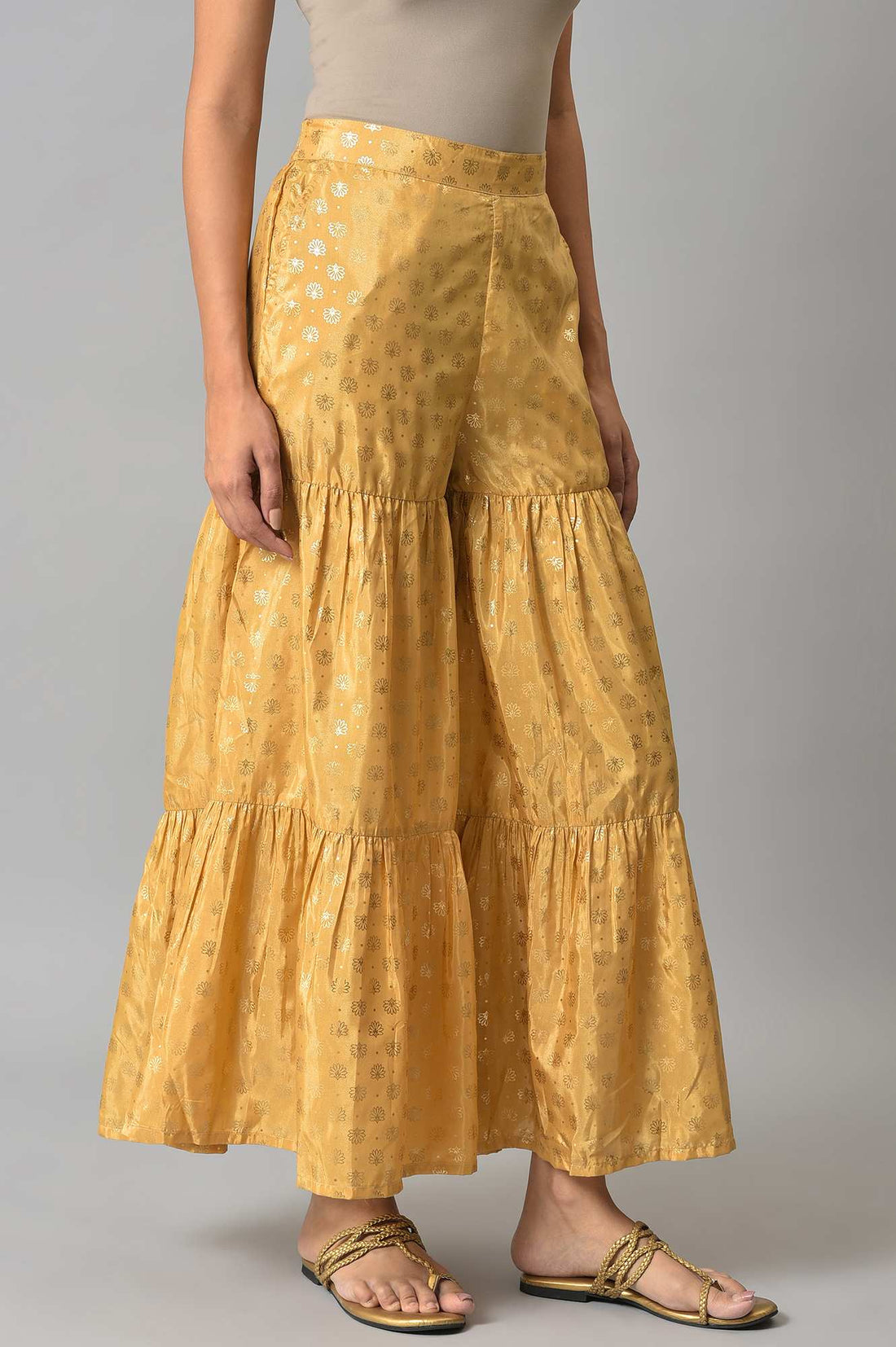 Gold Floral Printed Flared Silk Palazzo With Elasticated Waist