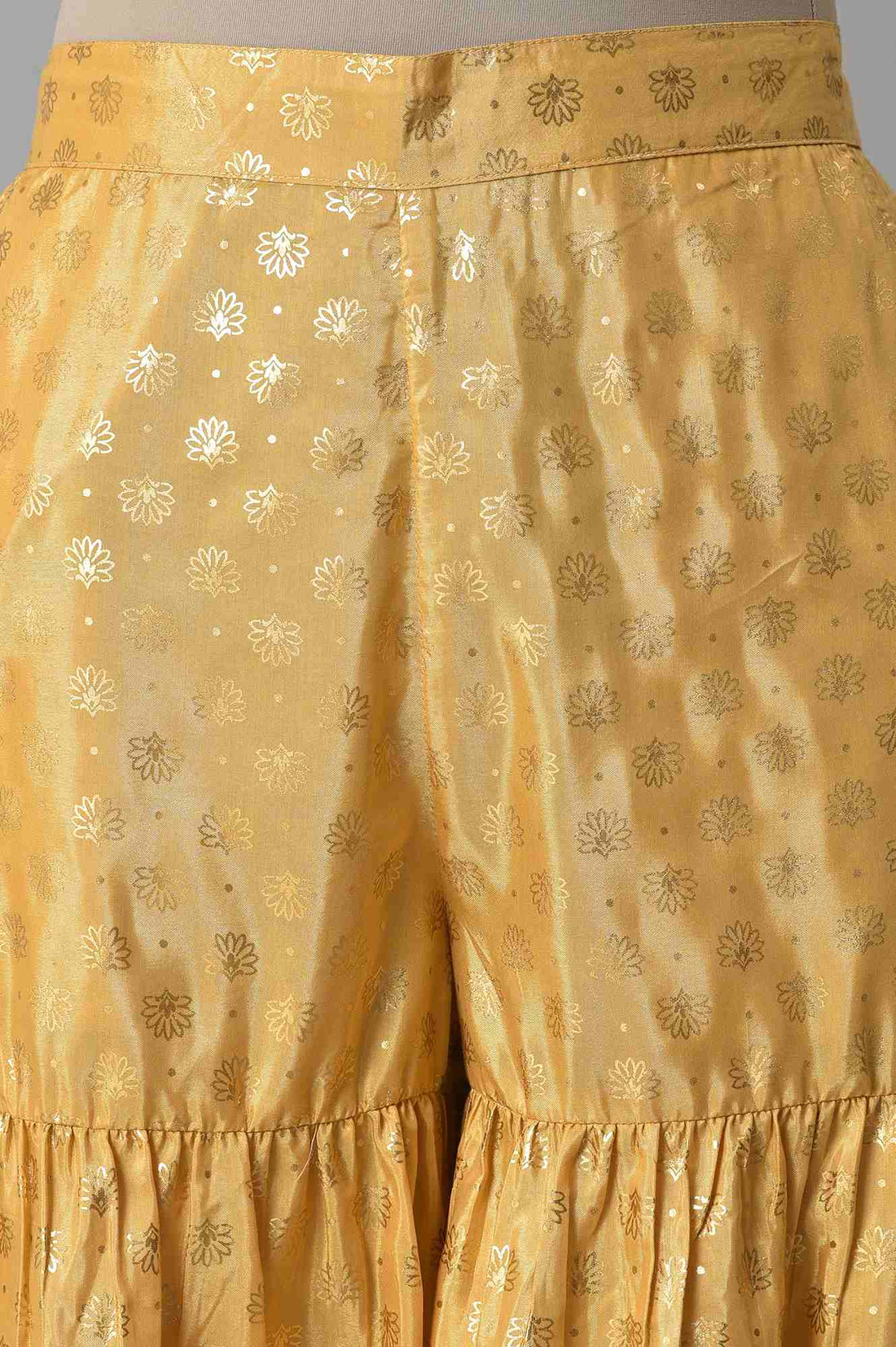 Gold Floral Printed Flared Silk Palazzo With Elasticated Waist