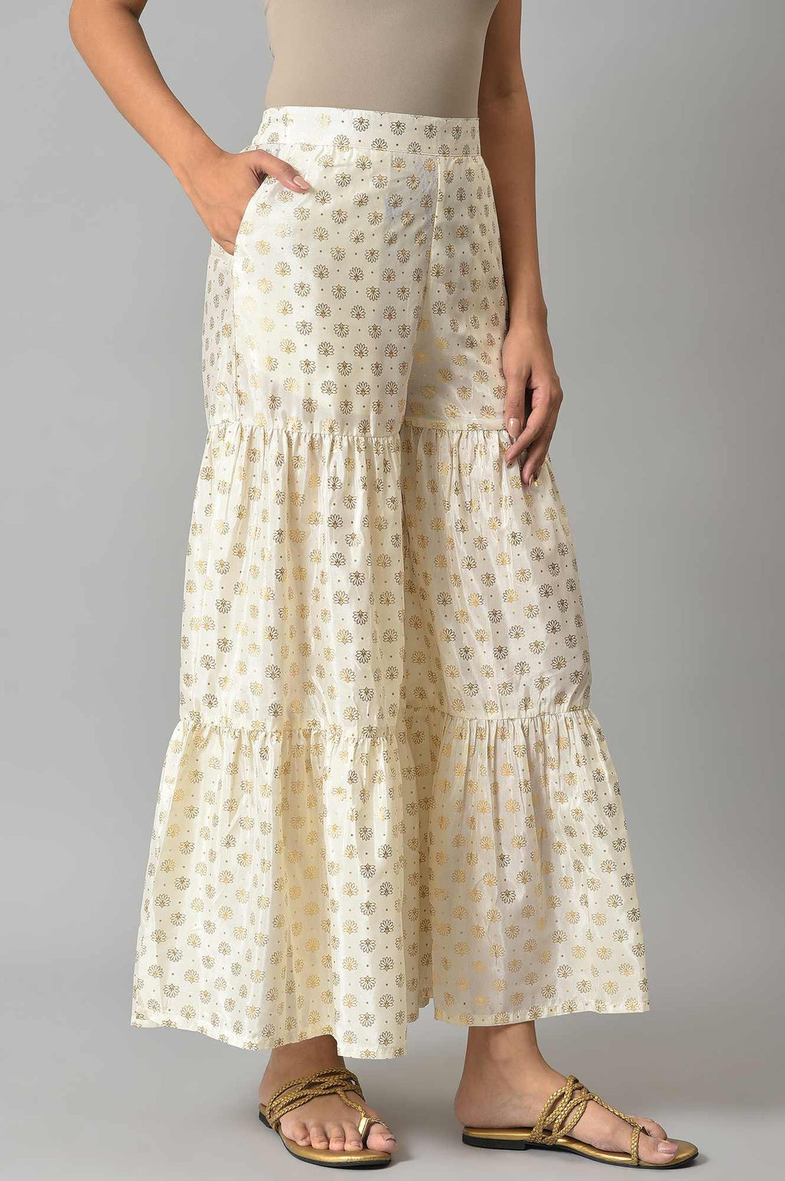 White Floral Printed Flared Silk Palazzo With Elasticated Waist