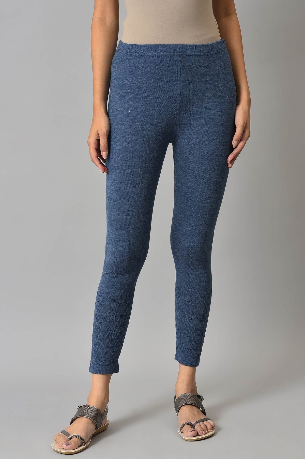 Elleven Women's Blue Solid Skinny Fit Tights With Elasticated Waist - L