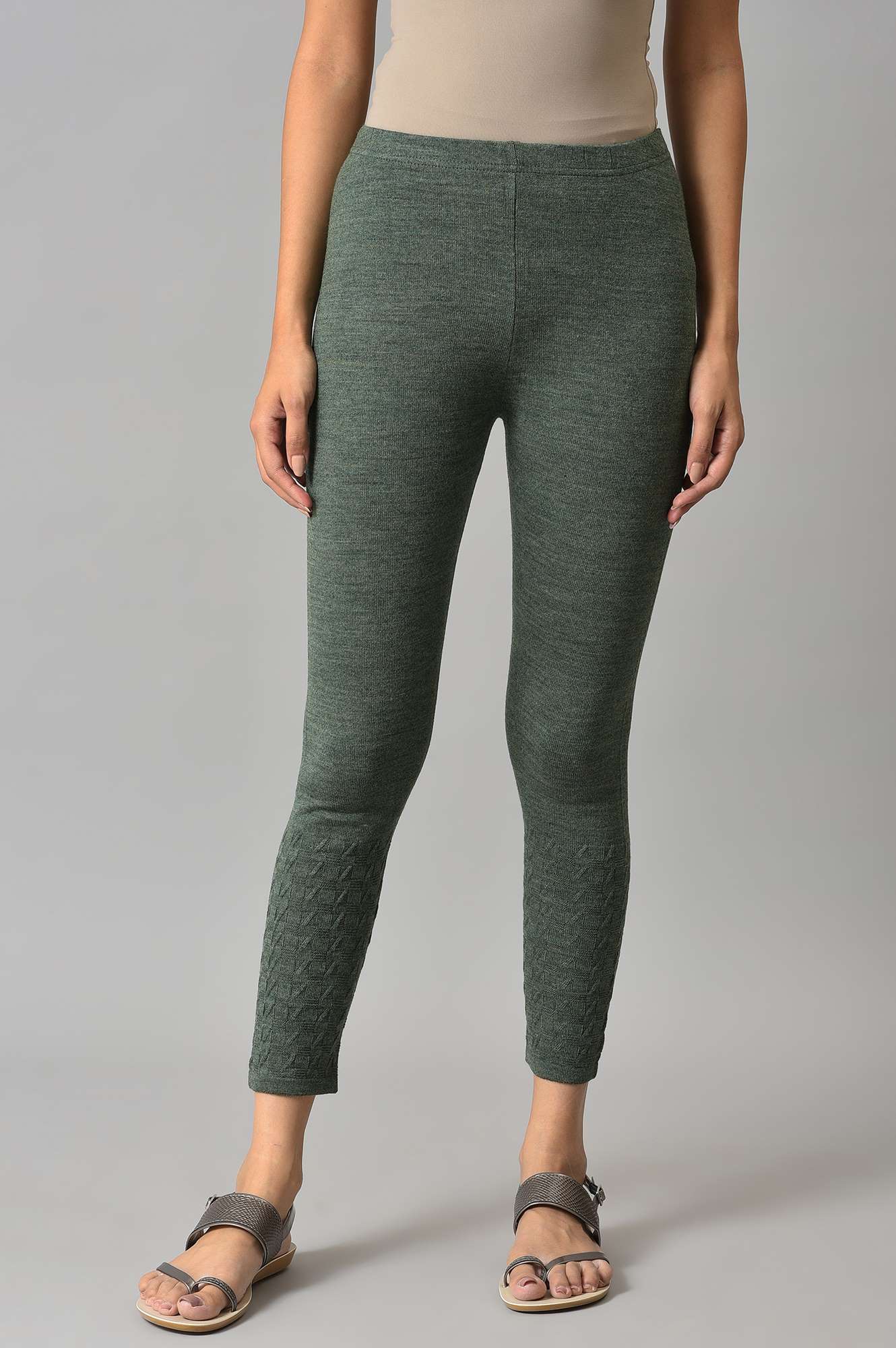 Green Knitted Solid Winter Tights