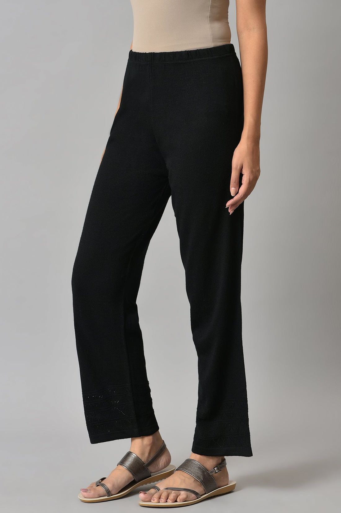 Black Geometric Straight Fit Palazzo With Elasticated Waist