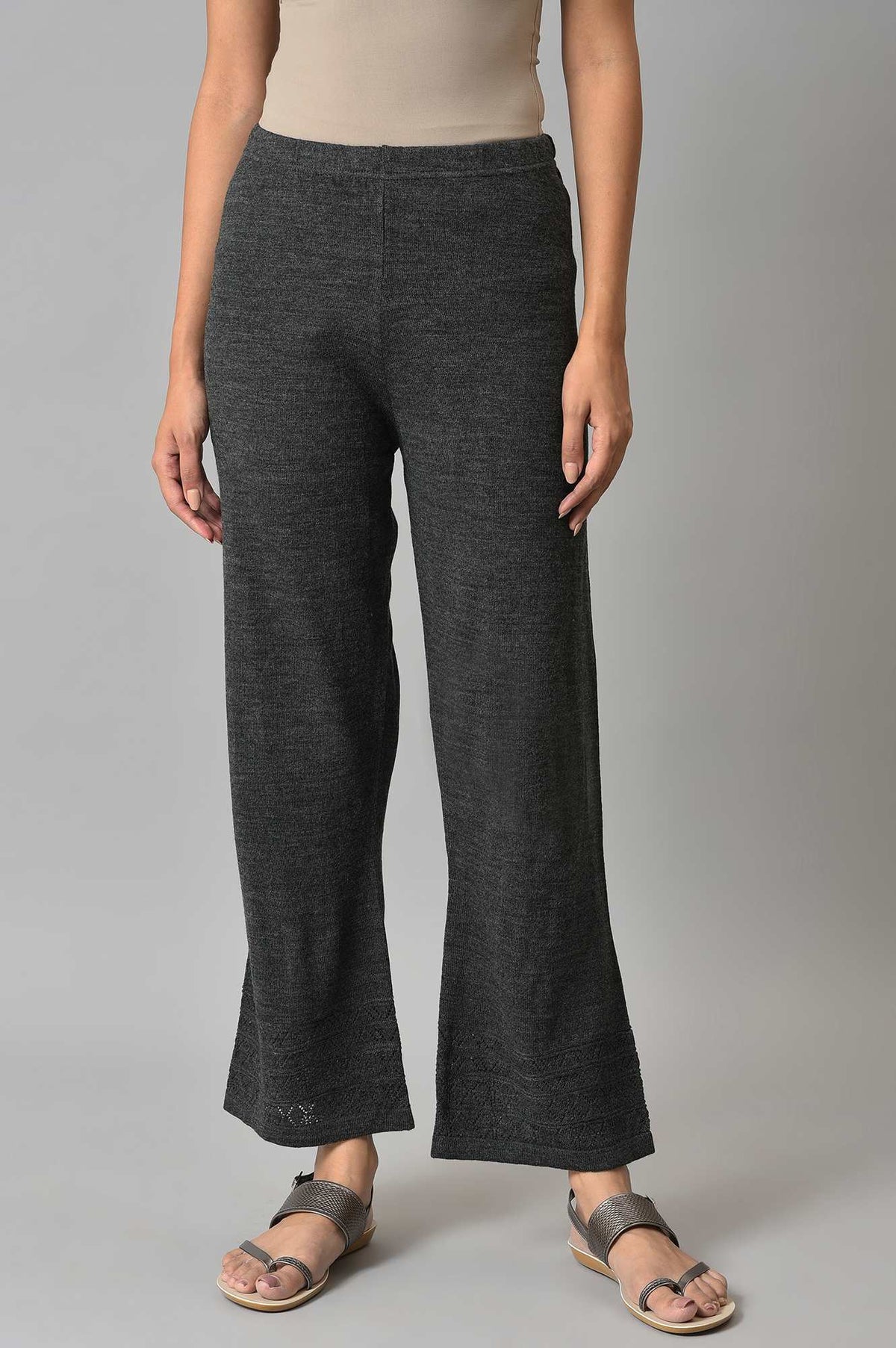 Elleven Women's Grey Geometric Straight Fit Palazzo With Elasticated Waist - L