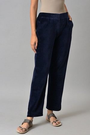 Navy Blue Solid Straight Fit Cotton Trousers With Elasticated Waist