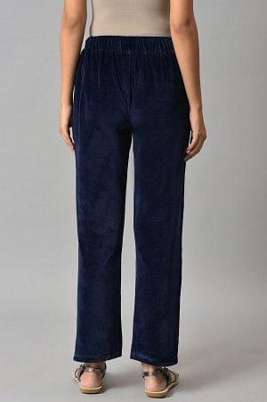 Navy Blue Solid Straight Fit Cotton Trousers With Elasticated Waist