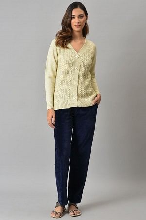 Navy Blue Solid Straight Fit Cotton Trousers With Elasticated Waist