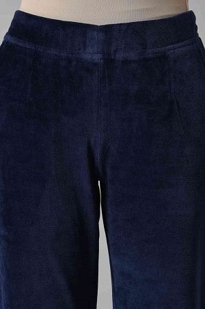 Navy Blue Solid Straight Fit Cotton Trousers With Elasticated Waist