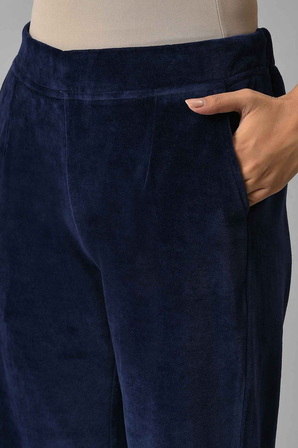 Navy Blue Solid Straight Fit Cotton Trousers With Elasticated Waist