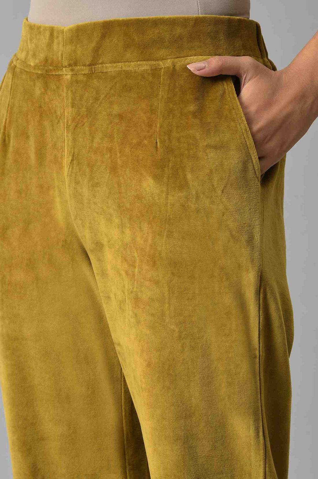 Muted Sage Green Solid Straight Fit Cotton Trousers With Elasticated Waist