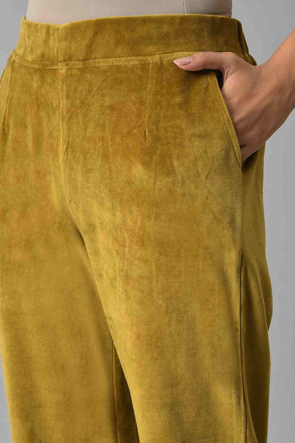 Muted Sage Green Solid Straight Fit Cotton Trousers With Elasticated Waist