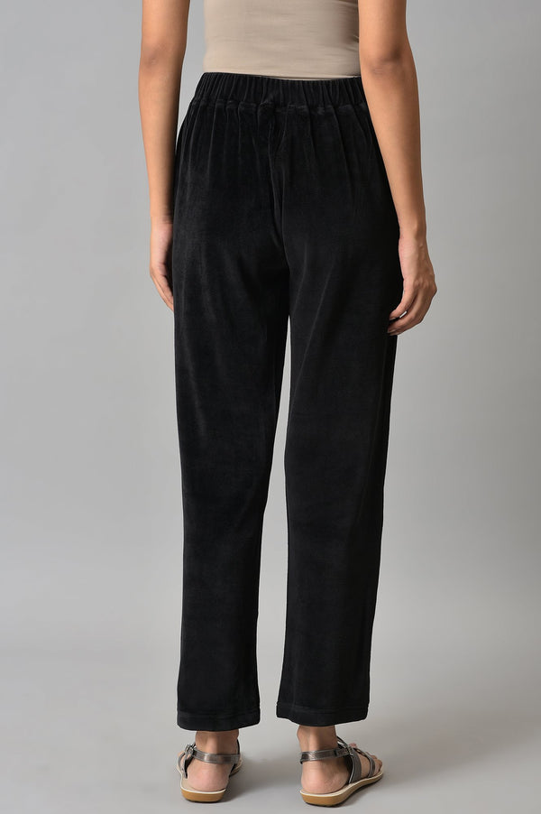 Black Solid Straight Fit Cotton Trousers With Elasticated Waist